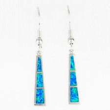 Wide 5mm Stick Ocean Blue Fire Opal Silver Jewelry Dangle Drop Earrings