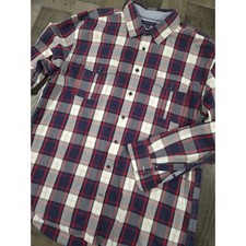 Vintage Tommy Hilfiger XXL Red Navy Custom Fit Plaid Button Up Flap Pocket Shirt