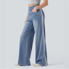 Halara Flex High Waisted Stripe Wide Leg Jeans light blue size Pullon large NWT