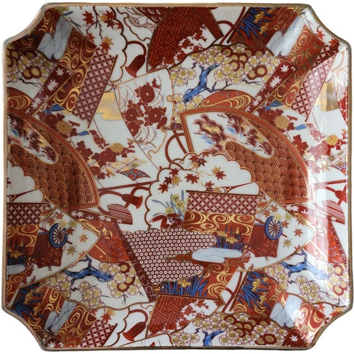 Antique Japanese Imari Octagonal Bowl Hand Painted Porcelain Meiji Era Red Blue 