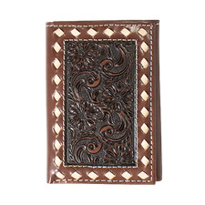 Ariat Men's Brown Floral Embossed Trifold Leather Wallet A3558202