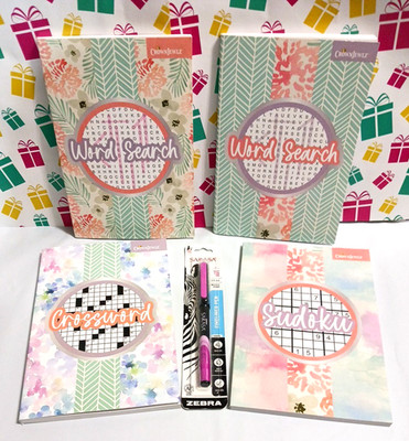 Word Search, Crossword + sudoku. 4 travel books + free Zebra pen. All NEW