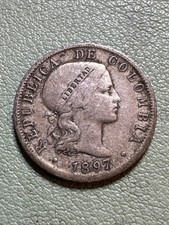1897 Colombia 10 Centavos .666 Silver .0535 ASW KM188  Lady Liberty 
