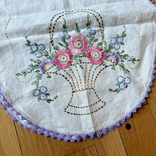 Vintage Linen Hand Embroidered Crochet Table Runner Dresser Scarf Flower Basket