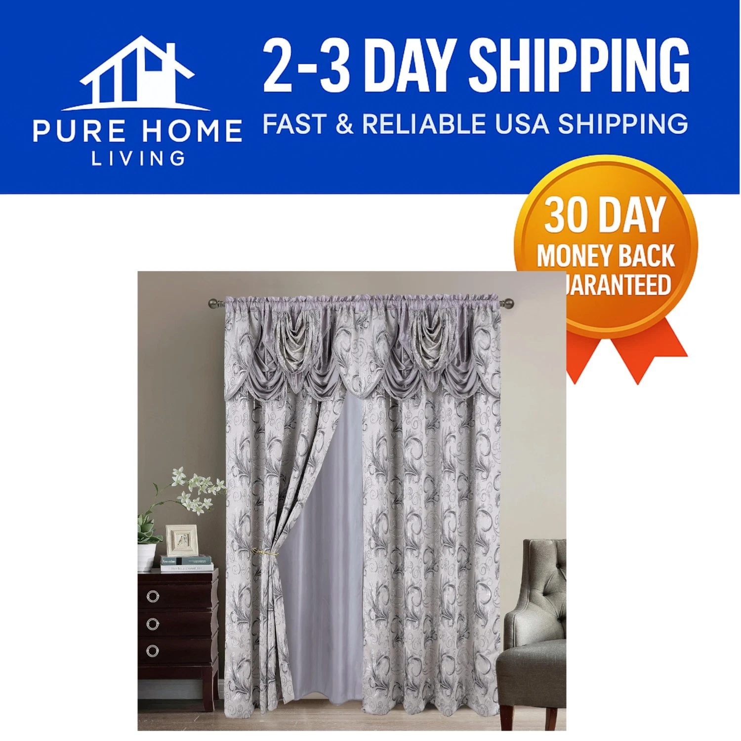 Versatile Embroidered Jacquard Curtain Set - 2 Panels & Valance in Silver Gray