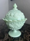 Vintage Westmoreland Green Jadeite Milk Glass Footed Candy Dish Raised Fruit