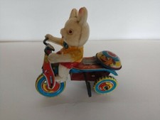 Tin Litho-Wind Up Toy-Celluloid Bunny On Tricycle-Japan-