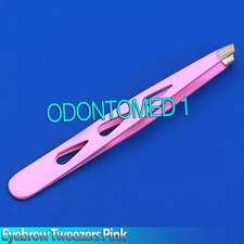 New 3.5" Eyebrow Tweezers SLANTED Precision Tip PINK w/ 3 HOLE TEARDROP Design