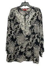 Oscar By Oscar De La Renta Silk Floral Tunic Embroidered Size 14 Black Sheer