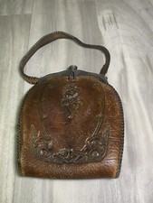 Antique Leather 1918 Art Nouveau Purse Handbag Brown