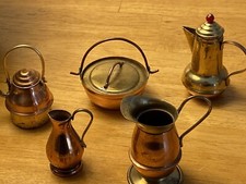 Vintage Miniature Doll House 5 Copper Pots Brass Lids Handles Rustic Kitchen