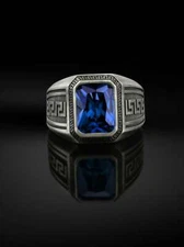 3.50CT Radiant Cut CZ Signet Sapphire Oxidized 935 Silver Unique Men's Ring