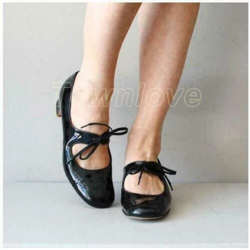 Women Mary Jane Patent Leather Block Mid Heel OL Lace Up Shoes Casual Pumps New - Picture 2 of 6