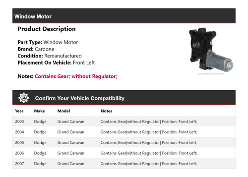 For 2003-2007 Dodge Grand Caravan Window Motor Front Left Cardone 2004 2005 2006 - Picture 2 of 7