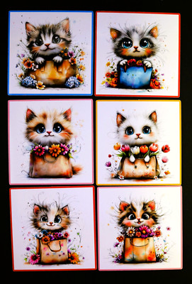 Beautiful DIE CUT CARD TOPPERS Cute Quirky Cats Flowers Birthday Get Well