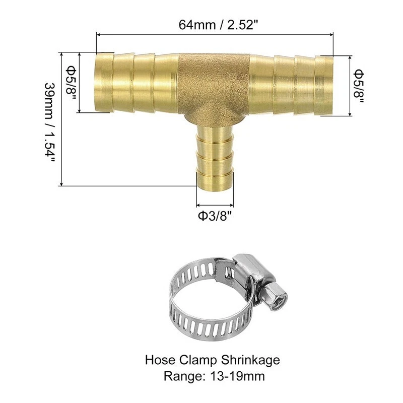 Brass Hose Barb Fittings 2pcs, 3-Way Tee 5/8" x 3/8" x 5/8" Barbed - Image 2 of 4