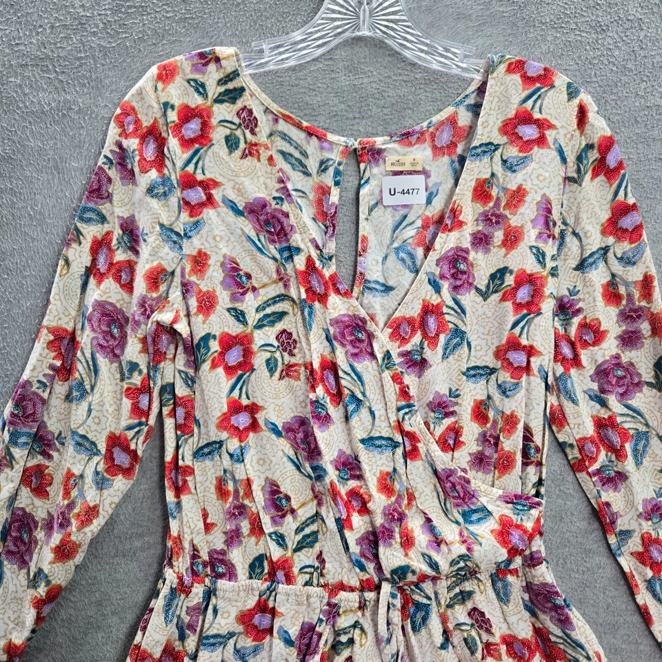 Hollister Women Romper Medium Red Floral Faux Wrap Tasseled Long Sleeve V Neck - Image 3 of 4