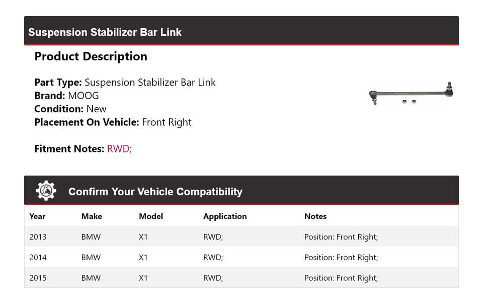 Barra estabilizadora de suspensión delantera derecha MOOG 2013-2015 BMW X1 RWD Foto 2 de 4