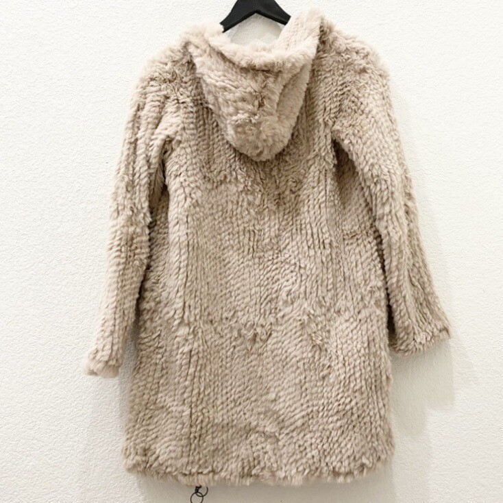 ADRIENNE LANDAU Real Rabbit Fur Beige Mid-length Full Zip Hooded
