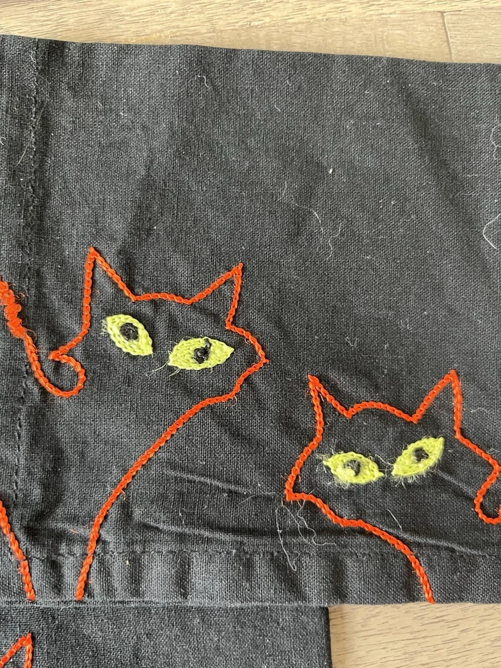 EUC Lot 7 Crate & Barrel Halloween Black Cat Orange Embroidered Square Napkins - Image 2 of 4