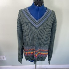 IZOD Sweater Mens Size Medium Green Cable Knit V Neck Pullover Geometric Cotton
