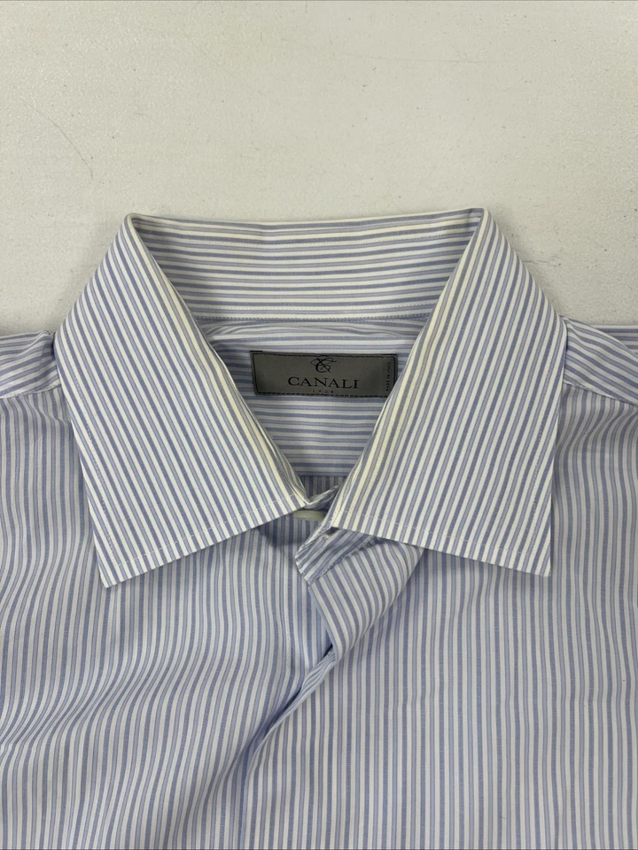 Canali 意大利男式蓝色白色条纹法式袖口棉质正装衬衫 17 43 36/37 — 第 4/4 张图片
