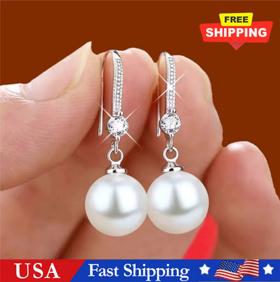 PAIR Sweet Pearl Silver Color Round & Tear Drop Pearl Wedding Earrings Women