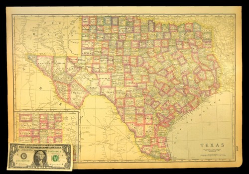 1920 Antique Texas Map Counties Large Atlas Map Railroad Depot Towns NO FOLD