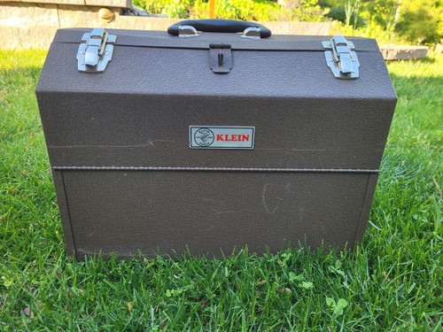 Vintage Klein Tools BROWN Metal Tool Box No. W 54405 Cantilever Lid 18"x13"x10"