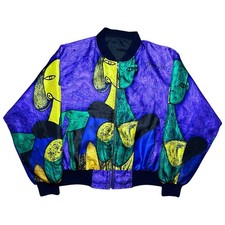 Vintage 80s Picasso Abstract All Over Print Art Zip Up Silk Satin Bomber Jacket