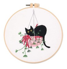 Embroidery Kit Cat in Hanging Plant with Hoop