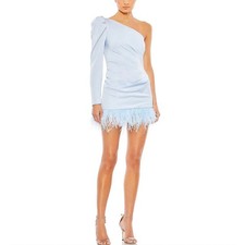 Mac Duggal 11440 Women's Cocktail Dress Size 6 Blue One Shoulder Feather Trim