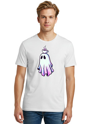 Ghost-With-Coffee-Cup Mens Graphic Tee, 100% Cotton, Casual Summer Wear