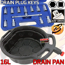 Oil Drain Pan Coolant Gearbox Fuel Tray 12pc 3/8" Drive Drain Sump Plug Key Set
