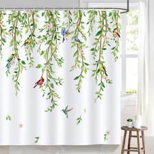 Spring Leaves Birds Shower Curtain, Green Hanging Vine Plant with Floral Bath...