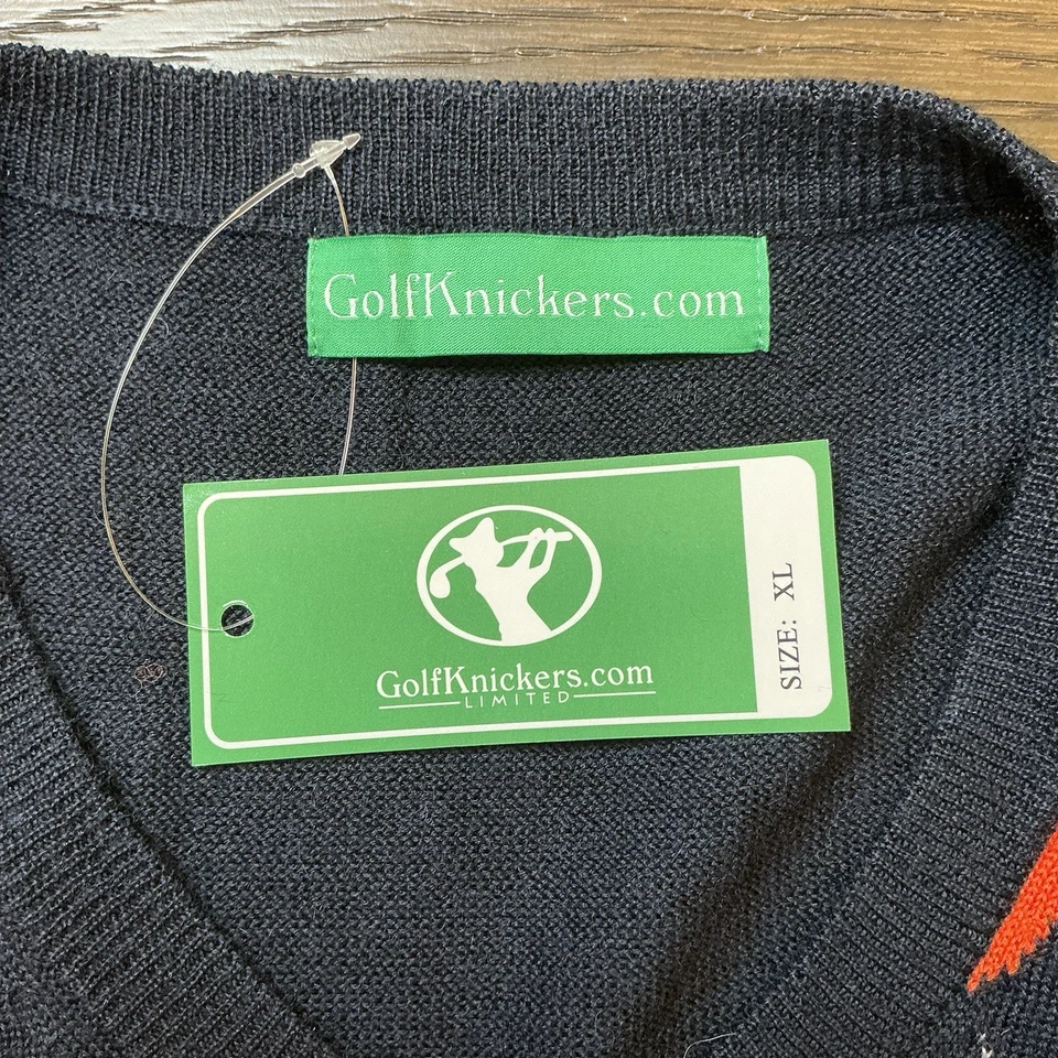 Golf Knickers Men’s Sweater Vest XL Navy Orange Argyle Wool Blend Mens NWT - Image 4 of 4