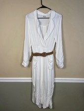 VENUS Women’s Boho Casual White Split Neck Belted Long Sleeve Midi Shirt Dress M