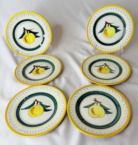 6 VTG 1960s Stangl Art Pottery FRUIT PEACH Yellow Rim Bread & Butter Plates
