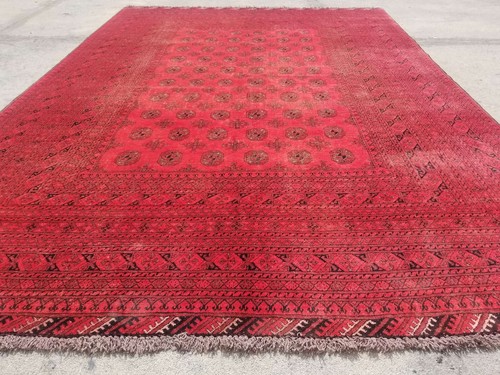 Distressed Authentic Hand Knotted Vintage Afghan Turkmen Wool Area Rug 9.5x6.7ft