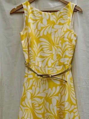 Banana Republic Daffodil Yellow White Mod Retro Graphic Belted Sleeveless EUC