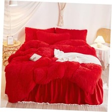 Plush Comforter Cover Set, Soft Shaggy Faux Fur Bedding Set 3 Pieces Queen Red