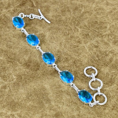 Natural Blue Topaz Gemstone Bracelet 925 Sterling Silver Solitaire Oval Jewelry