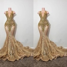 Glittle Gold Long Prom Dresses Luxury Mermaid Bead Formal Evening Party Gowns