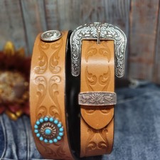 Western Concho Belt Turquoise Silver Studded Retro Cowboy Belt Embossed Sz 42