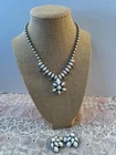 Vintage Milkglass BEad Necklace Set Earrings and Necklace Clear Rhinestones 15"L