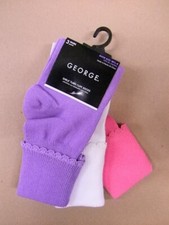 George Turn Cuff Socks Girls Shoe 3 Pack Purple White Pink Size 10 to 4 A3017