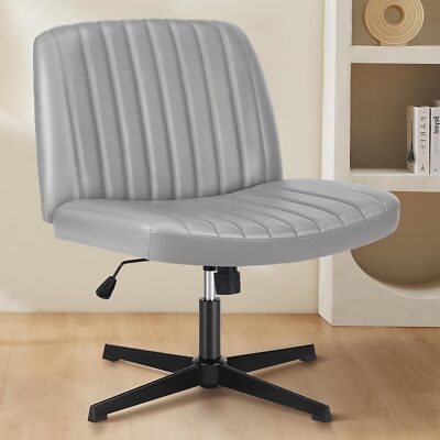 Gray Leather Armless Cross Legged Home Office Chiar Vanity Modern Swivel Chair