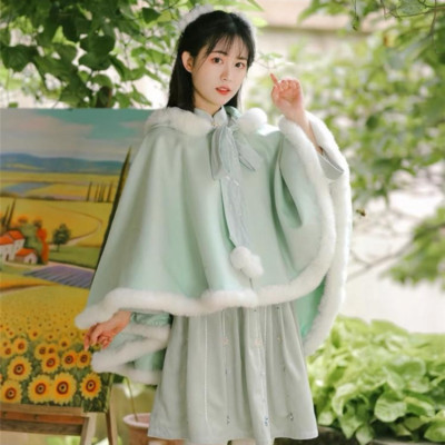 Lady Chinese Hooded Cape Fluffy Lolita Cloak Poncho Hanfu Coat