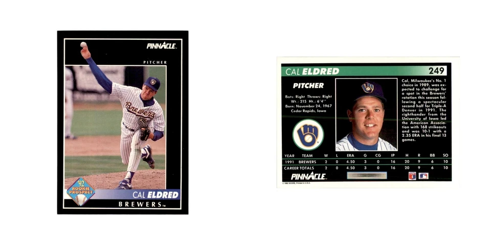 1992 Pinnacle Cal Eldred Baseball Cards #249 - Image 3 of 3