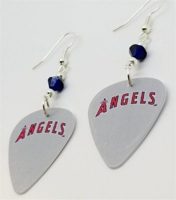 MLB California Angels Guitar Pick Earrings with Dark Blue Swarovski Crystals
